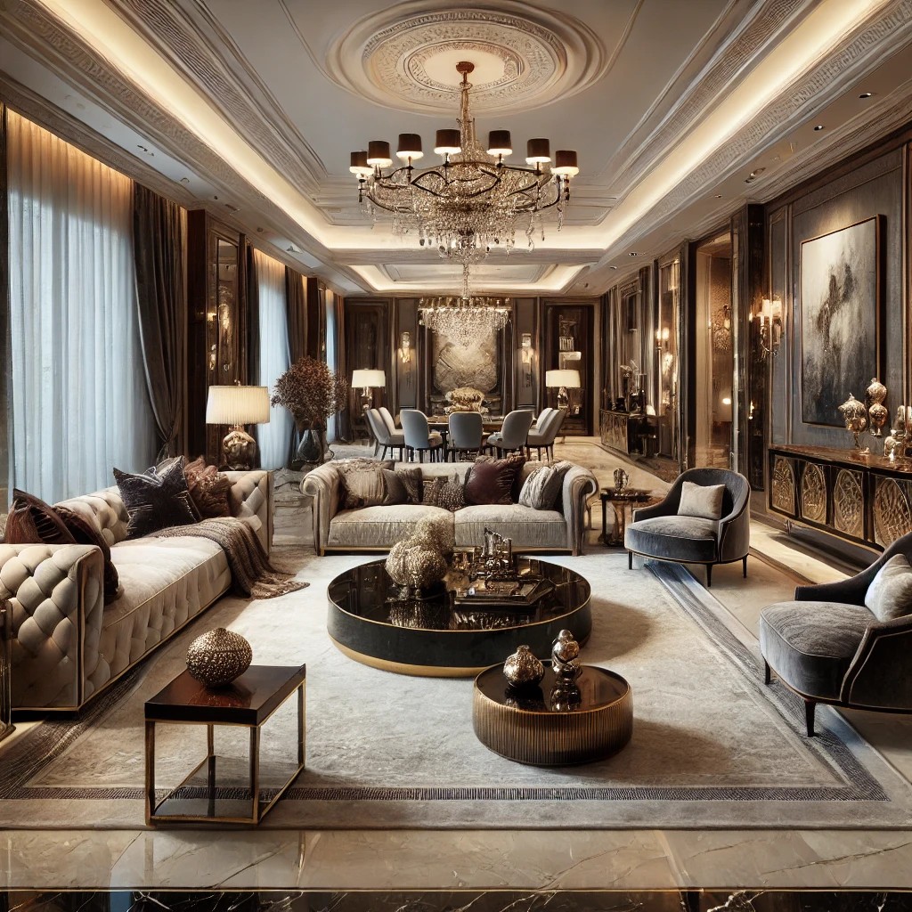 A luxurious living room with elegant high end furniture like plush sofas armchairs and coffee tables made from quality materials such as velvet lea