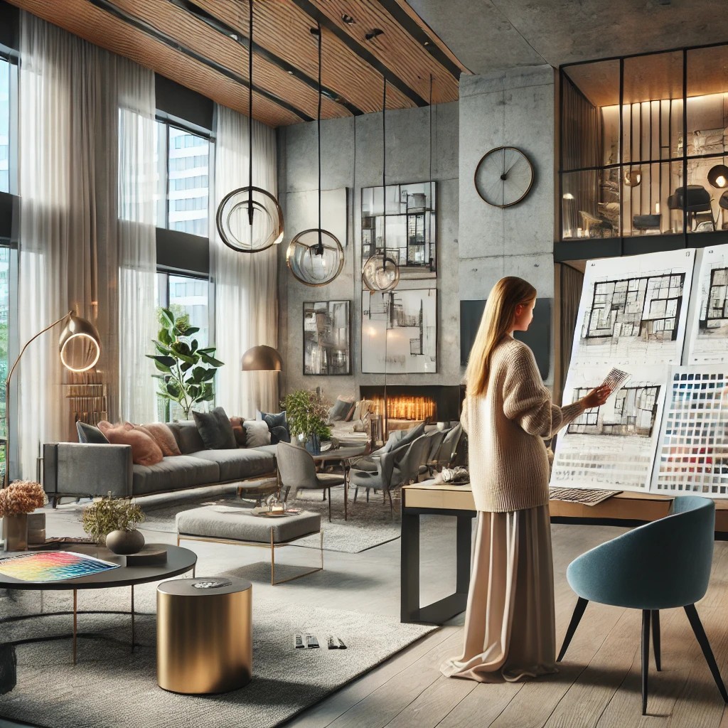 A modern stylish interior design studio with an expert interior designer working on a design plan. The designer is looking at a large design board w