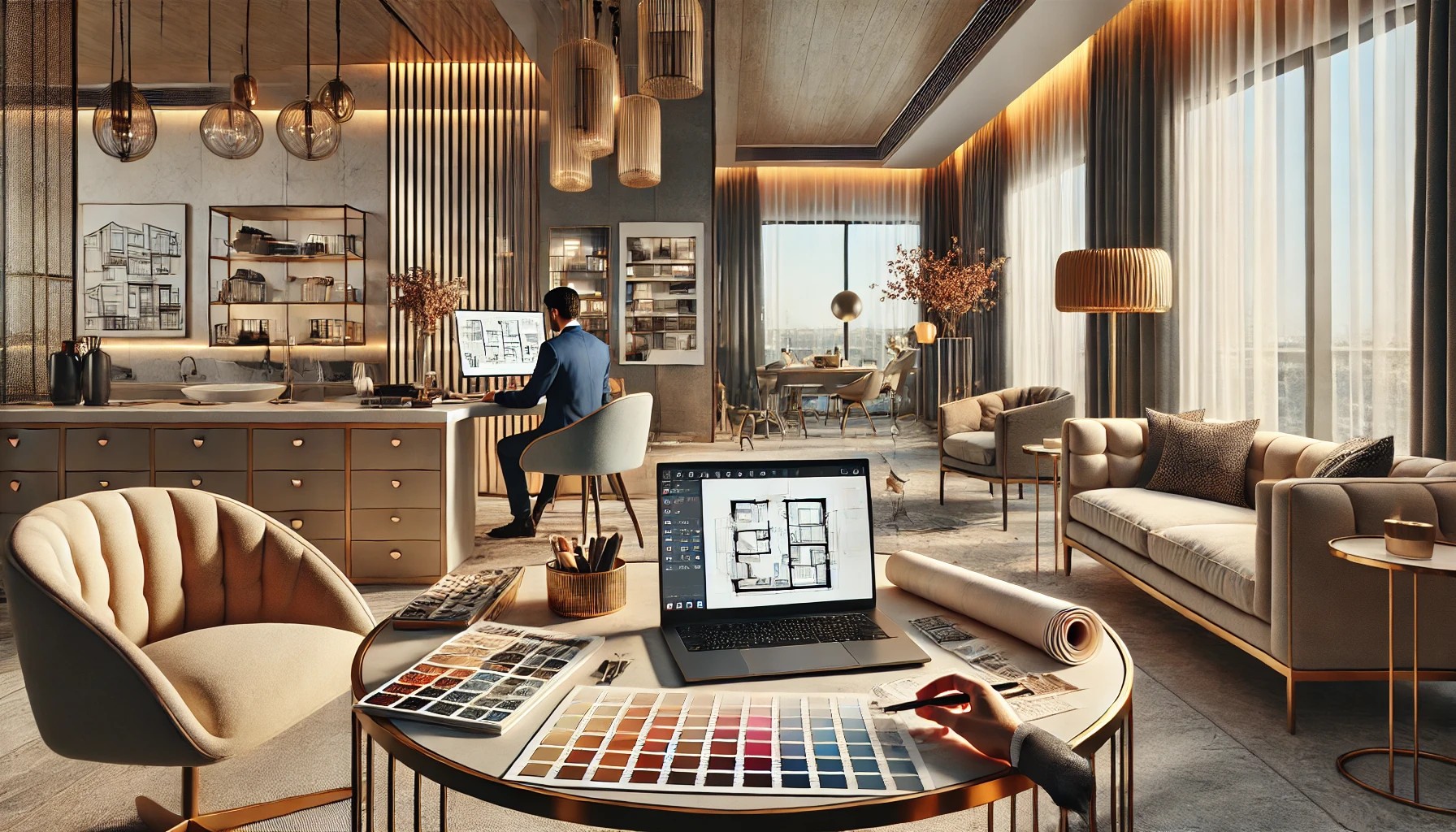 A professional interior design expert at work in a stylish office setting showing a designers desk with swatches sketches and a laptop with a digi