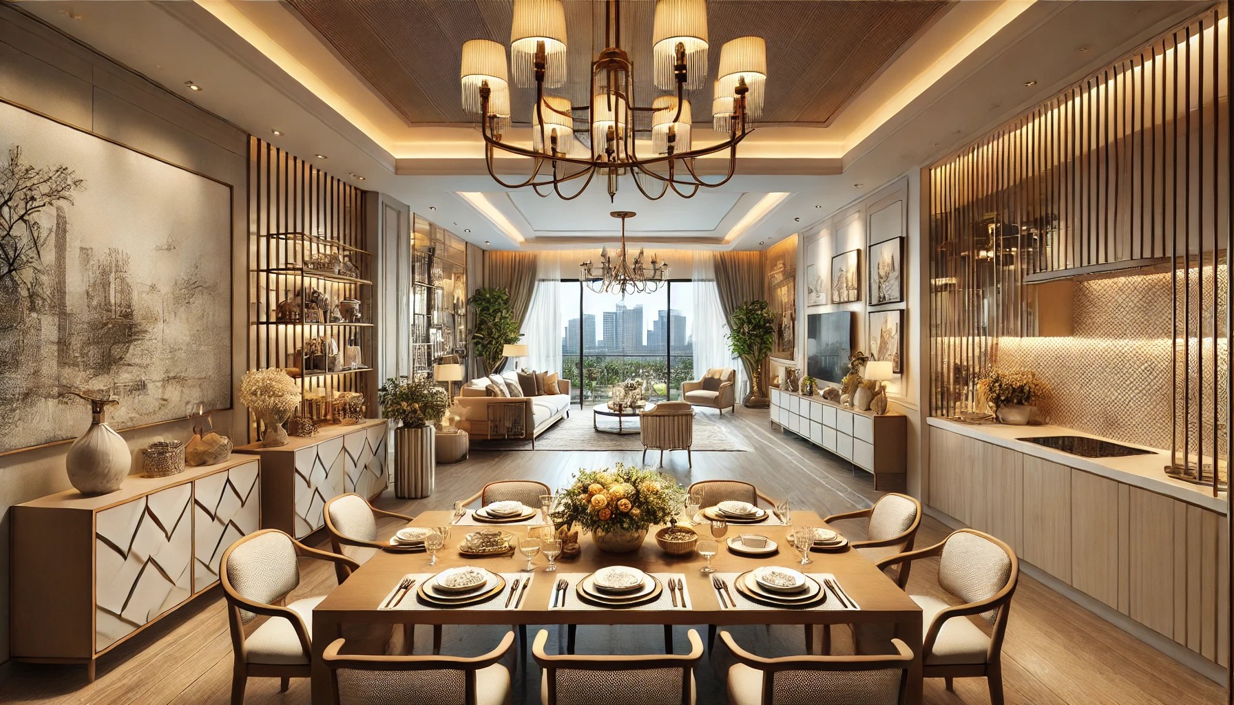 A beautifully designed dining room showcasing both formal and informal dining spaces in Delhi, Noida, and Gurgaon. The formal dining area features a g