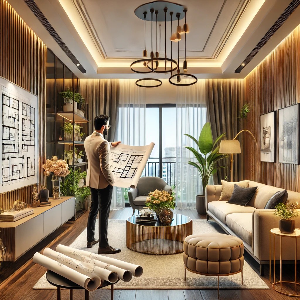 A beautifully designed modern living room in Gurgaon, Noida, or Delhi NCR, blending aesthetics and functionality. The space features elegant furniture