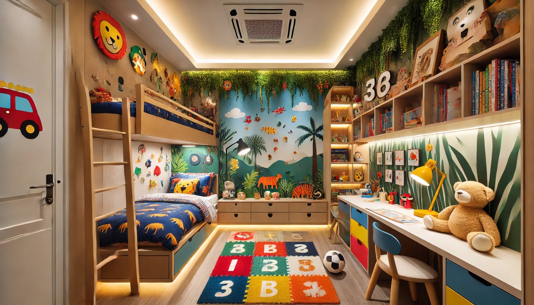 A fun and creative kids' room designed for children in Gurgaon, Noida, and Delhi. The room features a vibrant and playful theme with colorful walls, a