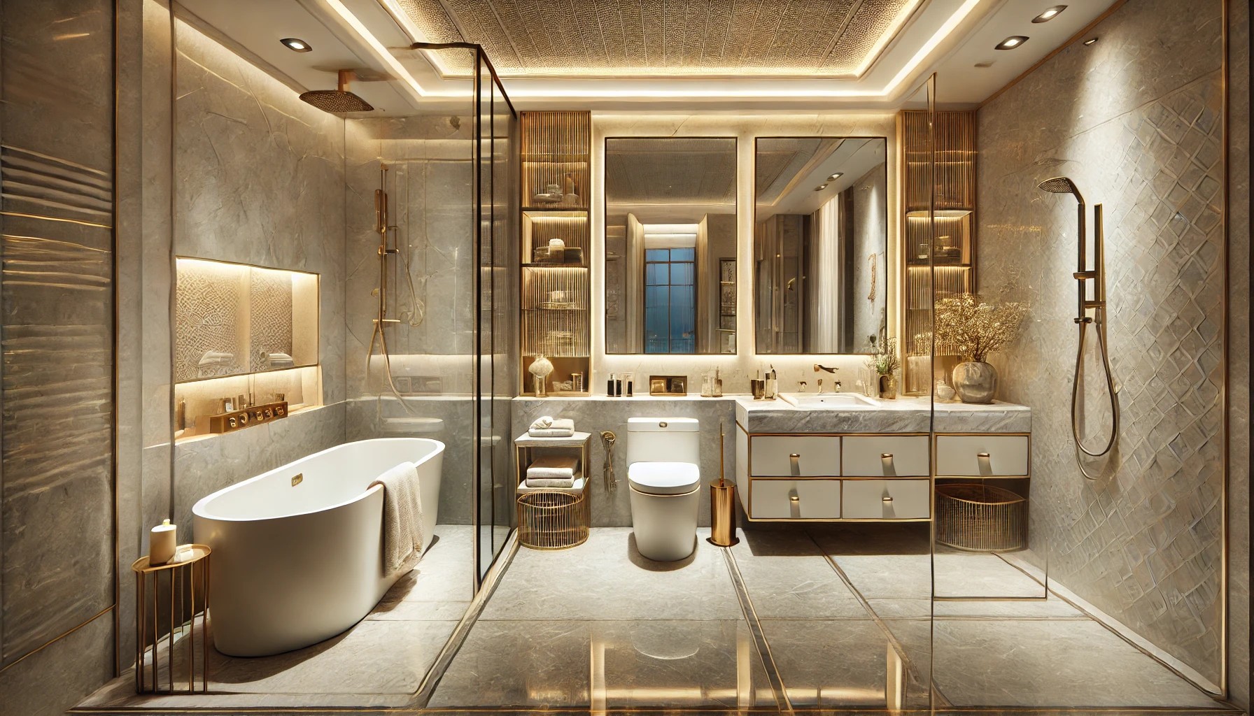 A luxurious and practical bathroom design for homes in Gurgaon and Noida. The bathroom features a freestanding bathtub, a walk-in rain shower, and a d