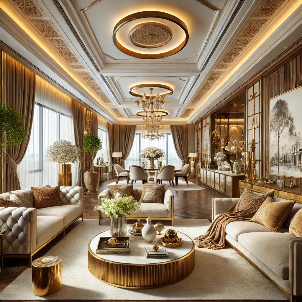 A luxurious interior design for a living room in Rajpur Khurd, Delhi. The space features high-end furniture with plush sofas, elegant chandeliers, sop