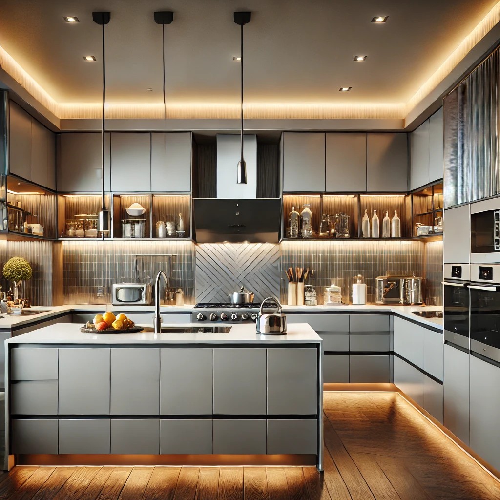 A modern kitchen design that combines functionality and style. The kitchen features a sleek modular layout with an L-shaped or island configuration, d