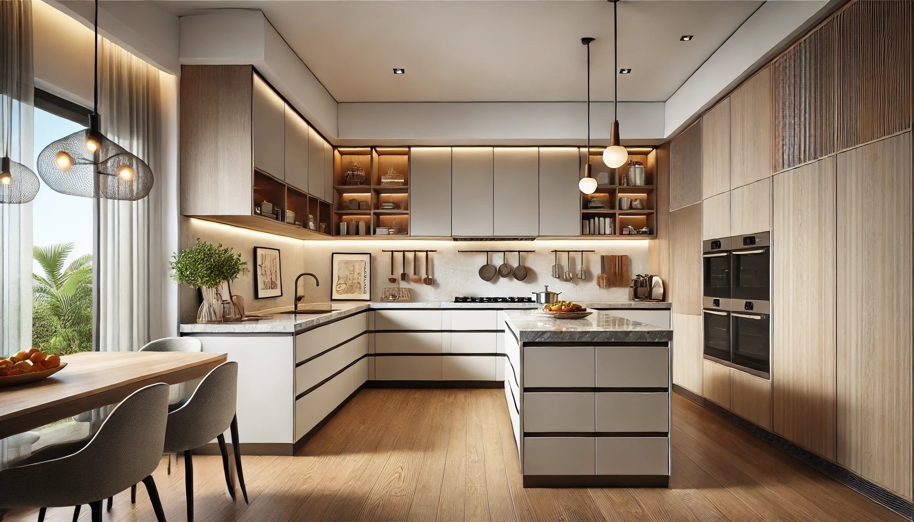 A modern modular kitchen designed for urban homes in Noida, Gurgaon, and Delhi NCR. The kitchen features an L-shaped layout with sleek cabinetry, pull