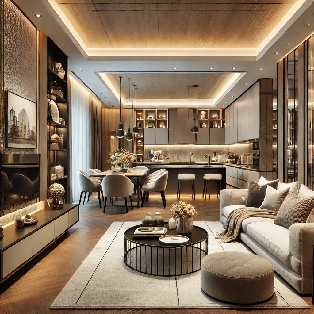 A to Z interiors - A modern, luxurious living room designed by A to Z Interiors. The space features a stylish modular kitchen, elegant furniture, soft ambient lighting,