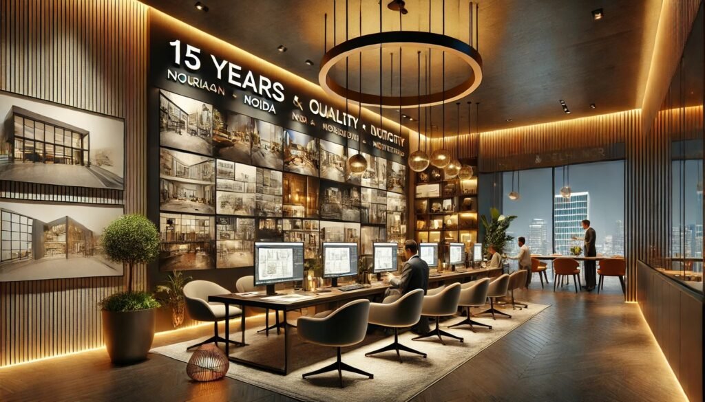 An elegant and modern interior design firm showcasing professionalism and creativity in Gurgaon, Noida, and Delhi NCR. The office space features a sle