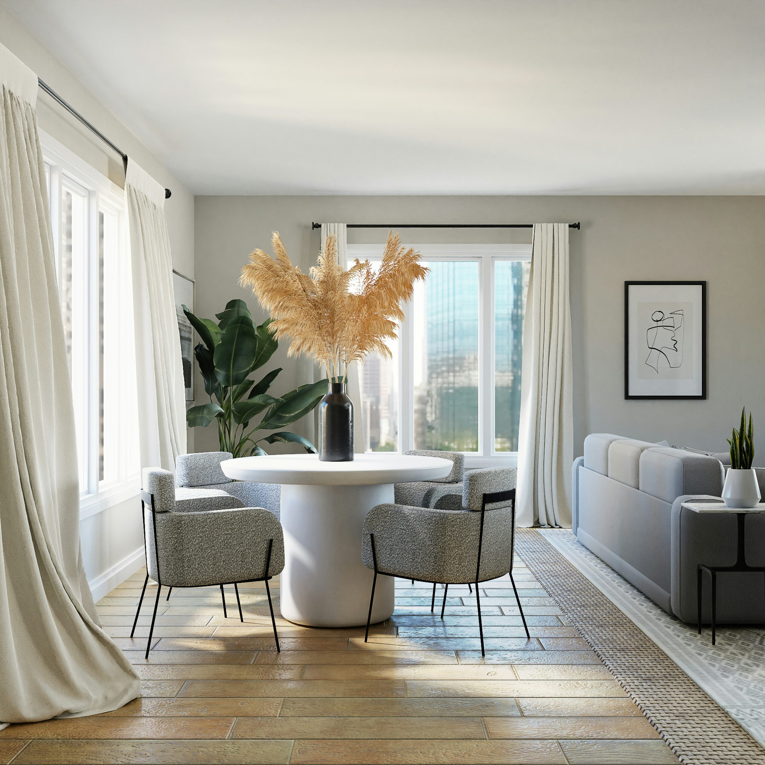 white and gray sofa chairs near white window curtain