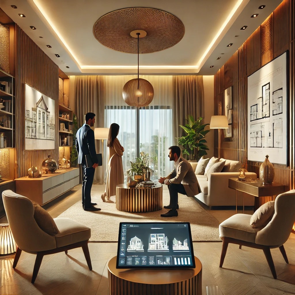 A beautifully renovated modern home interior in Gurgaon, Noida, or Delhi NCR. The space features stylish furniture, elegant lighting, and a harmonious