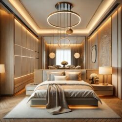 A luxurious and modern bedroom design featuring a cozy bed with elegant bedding, stylish nightstands, soft ambient lighting, and contemporary decor. T