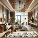 A luxurious and modern interior design concept showcasing a beautifully designed living room and workspace in Gurgaon, Noida, and Delhi NCR. The space