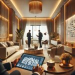 A luxurious and modern interior design of a living room in Gurgaon, India. The space features elegant furniture, warm lighting, and a sophisticated co