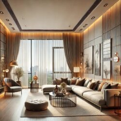 A luxurious and modern living room design featuring elegant furniture, warm lighting, and stylish decor. The space includes a comfortable sectional so