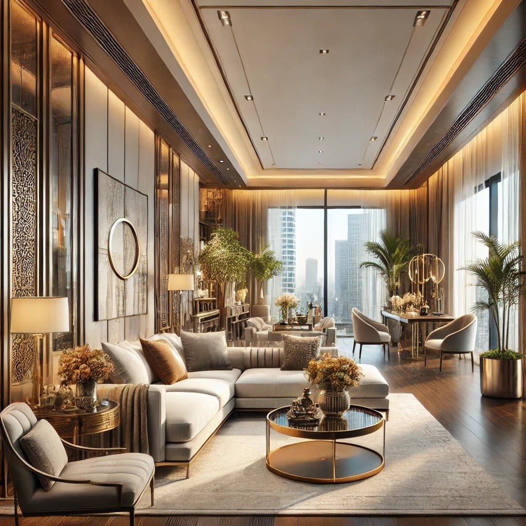 A luxurious, modern interior design concept showcasing a beautifully designed living space in Gurgaon, Noida, and Delhi NCR. The space features elegan