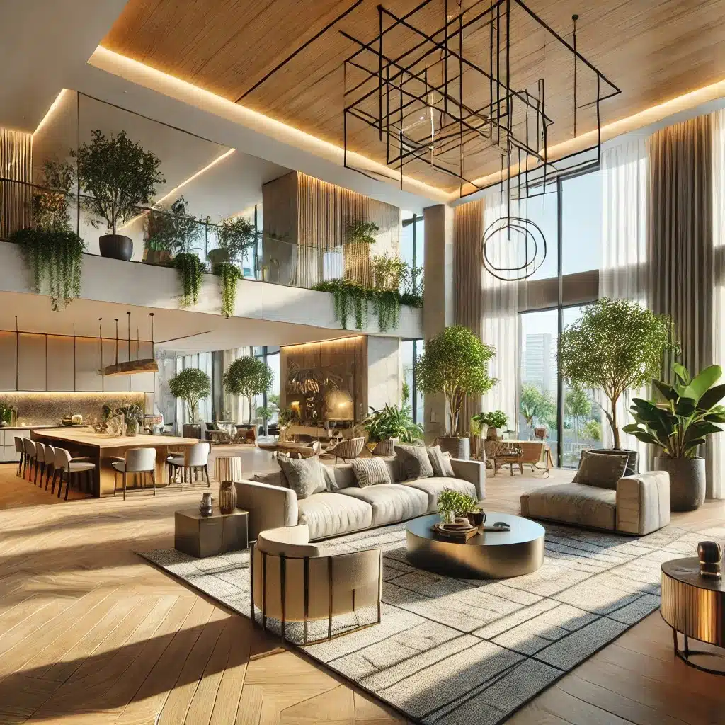 A luxurious modern interior design concept showcasing trending elements in Delhi, Noida, and Gurgaon. The design features a spacious open-plan living