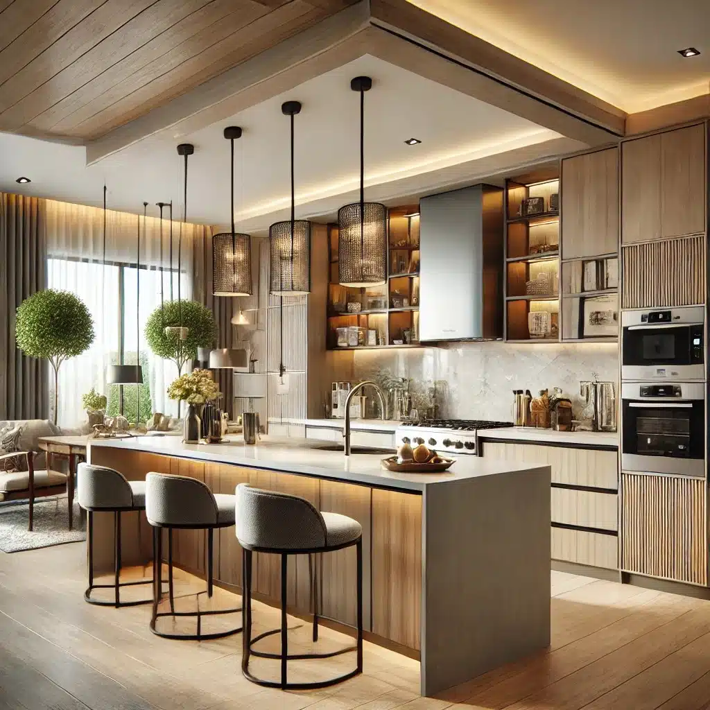 A modern, best-selling kitchen design featuring an open-concept layout with sleek quartz countertops, solid wood cabinetry, and stainless-steel applia