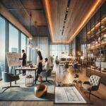 A professional and modern interior design office in Gurgaon, India. The image showcases a stylish workspace with sleek furniture, architectural bluepr