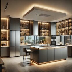 A sleek and modern modular kitchen design in a contemporary home, featuring smart storage solutions, clean lines, and high-end materials. The kitchen