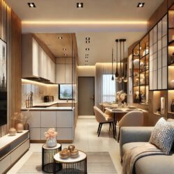 A stylish and modern 2 BHK interior design concept, featuring a well-furnished living room, a sleek modular kitchen, and elegant bedroom decor. The de