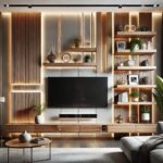 A stylish and modern TV panel interior design for a contemporary living room. The TV panel features sleek wooden finishes, integrated LED lighting, an
