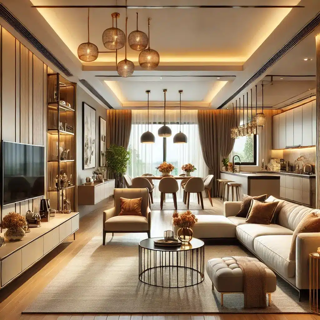 Modern 3BHK interior design in Gurgaon with living room and kitchen