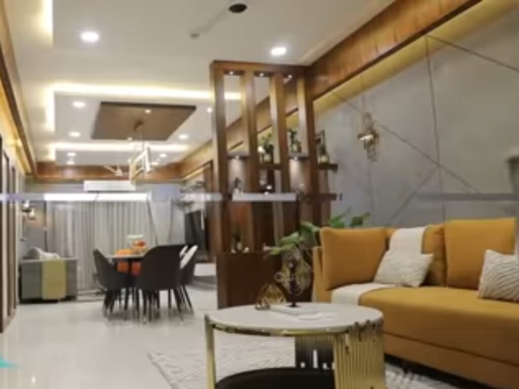 Modern living room interior design for an independent builder floor in Delhi.